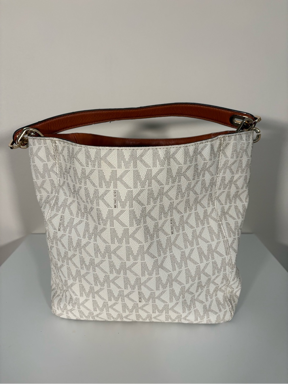 Michael Kors White Logo Canvas Hobo with Brown Leather Strap - Picture 2 of 13